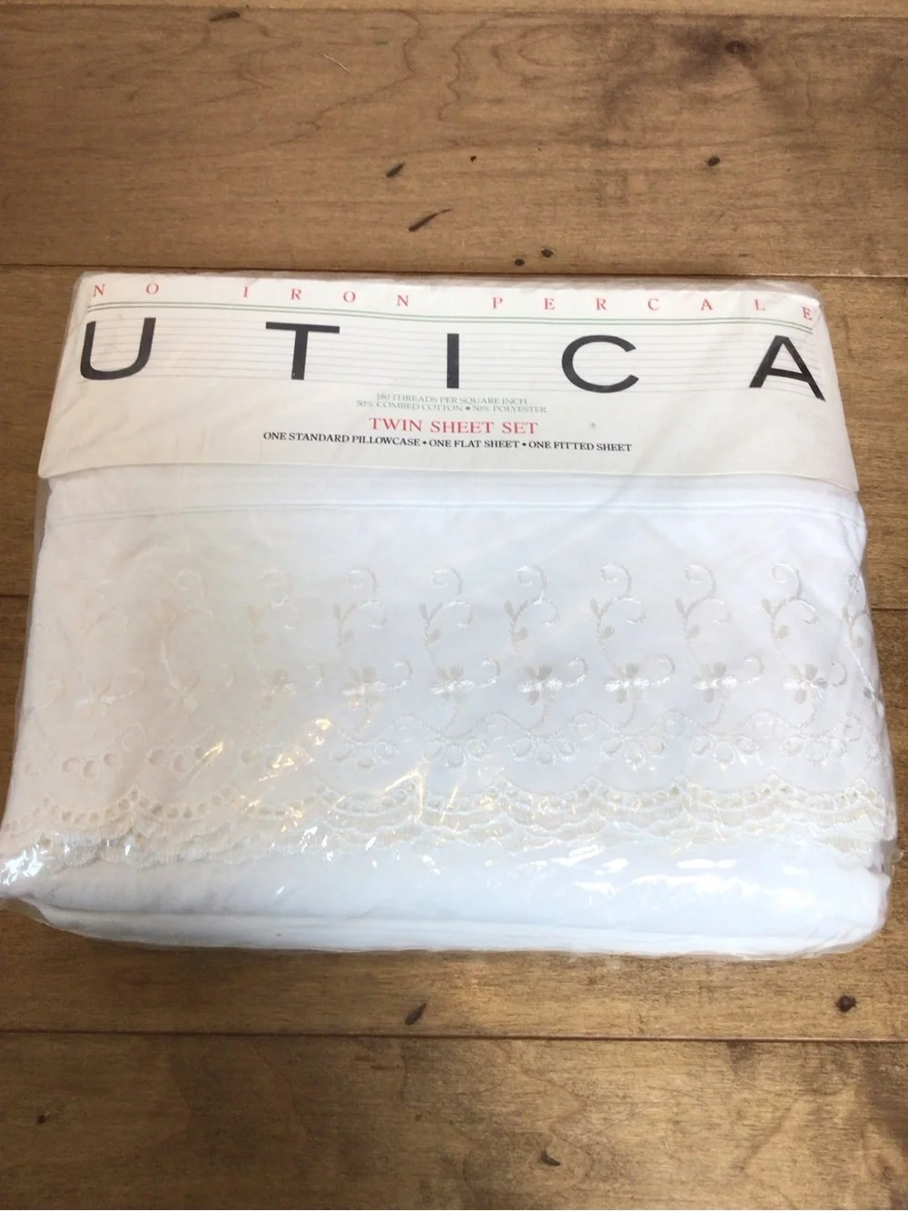 Vintage 90s Utica Twin Sheet Set White Lace Embroidered No Iron Percale USA NIP